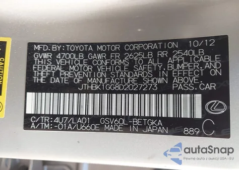 2013 Lexus Es 350 from USA, damaged, VIN JTHBK1GG8D2027273
